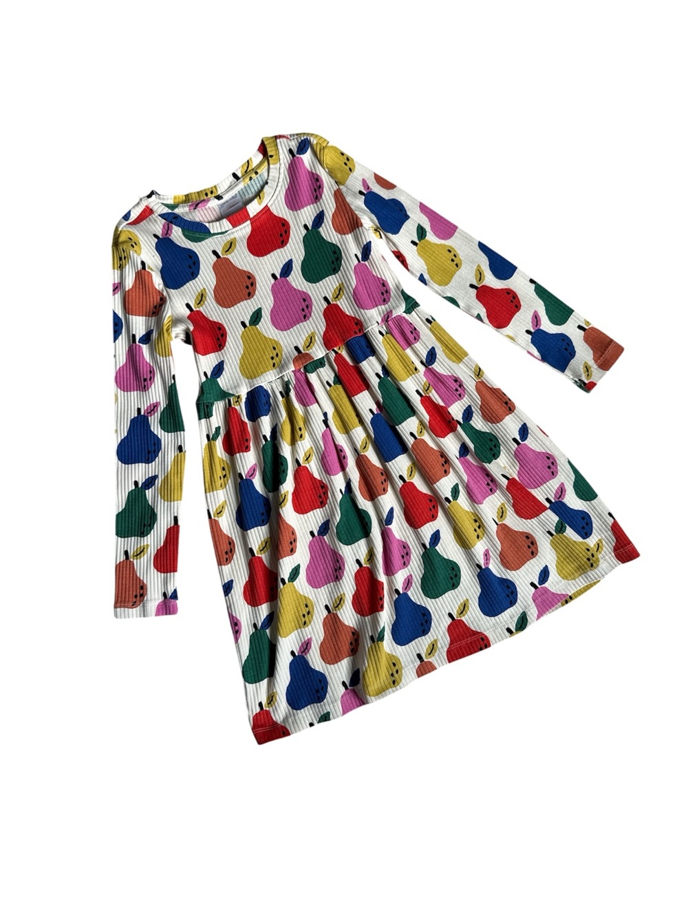 Hanna Andersson Girls' Ribbed Multicolor Pear-Print Long Sleeve Dress 140 (10)